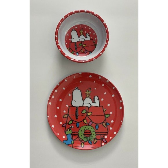 Peanuts Snoopy & Woodstock Melamine Christmas Holiday Plate and Bowl Set - Picture 2 of 9